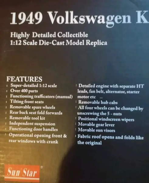 Sun Star Volkswagen Beetle Convertible 1949 DieCast Model in original box (6657)